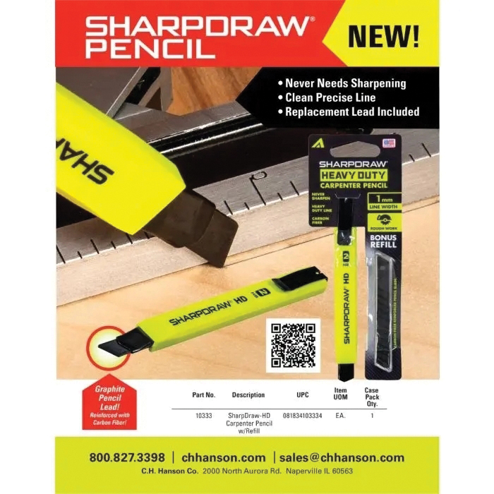 Carpenter Pencil w/Refill, CH Hanson, Sharp Draw, Heavy-Duty, Hi-Viz Green, 7-3/8 in L - 2