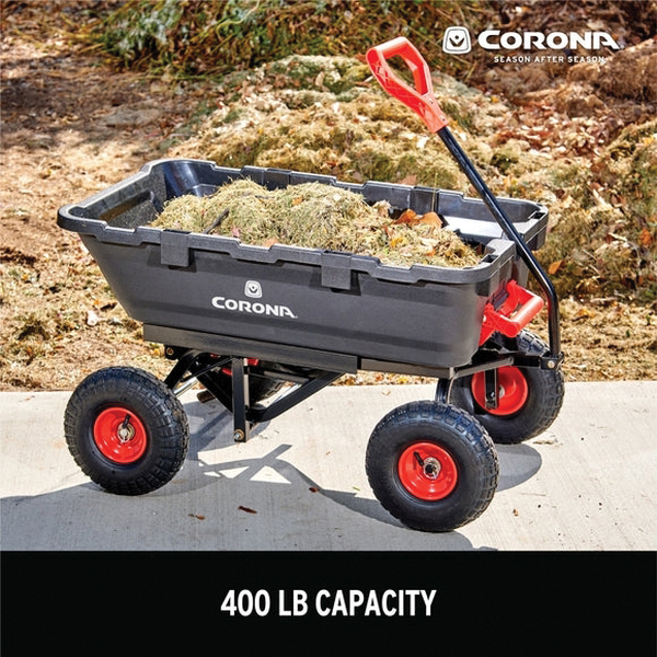 Garden Dump Cart, Corona, 400 lb, Poly Deck, 10 in Wheel, Pneumatic Wheel, Gray/Red - 3