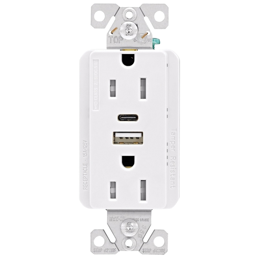 TRUSBAC15W-KB-L Duplex Receptacle, Type A/C, 15 A, 120 V, NEMA 5-15R, White