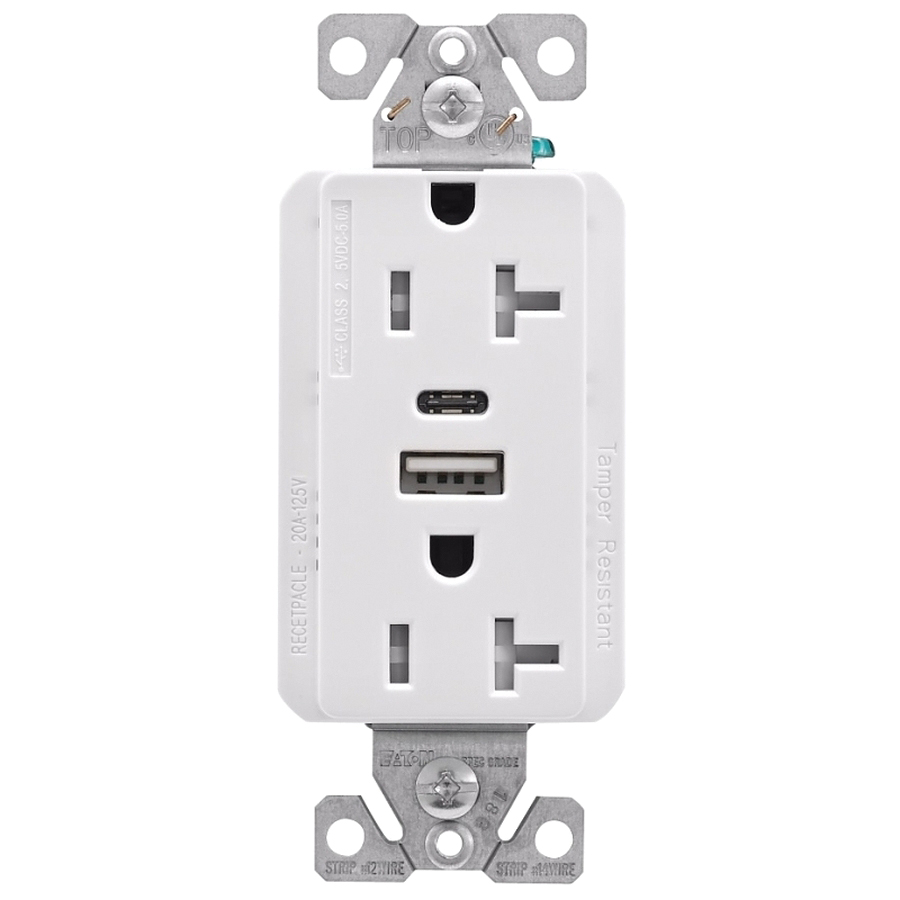 TRUSBAC20W-KB-L Duplex Receptacle, Type A/C, 20 A, 120 V, NEMA 5-20R, White