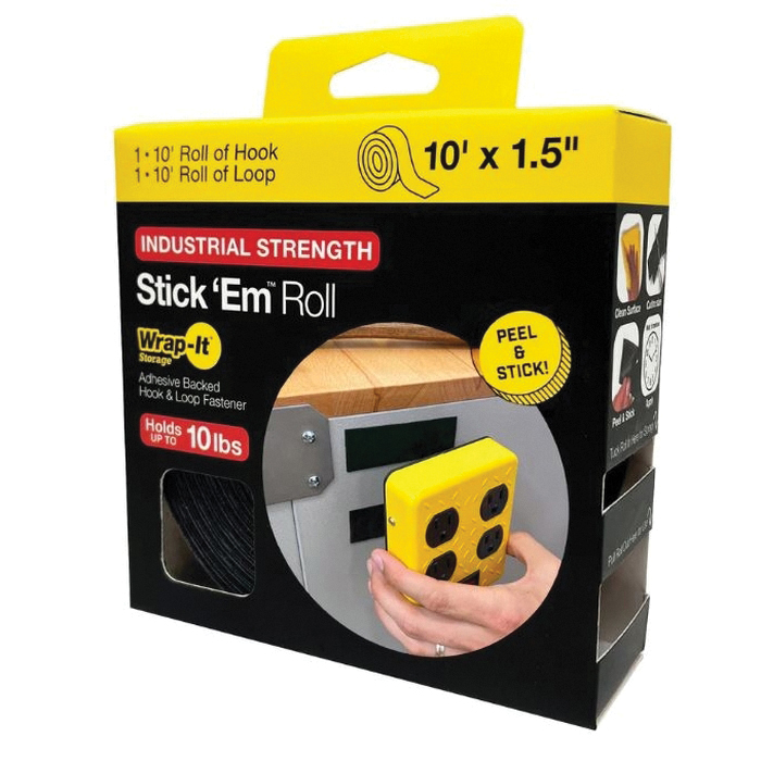 Wrap-It Storage Stick 'Em Series 400-IR-10BL Adhesive Backed Roll, 1-1/2 in W, 10 ft L, Fabric, Black, 10 lb - 2