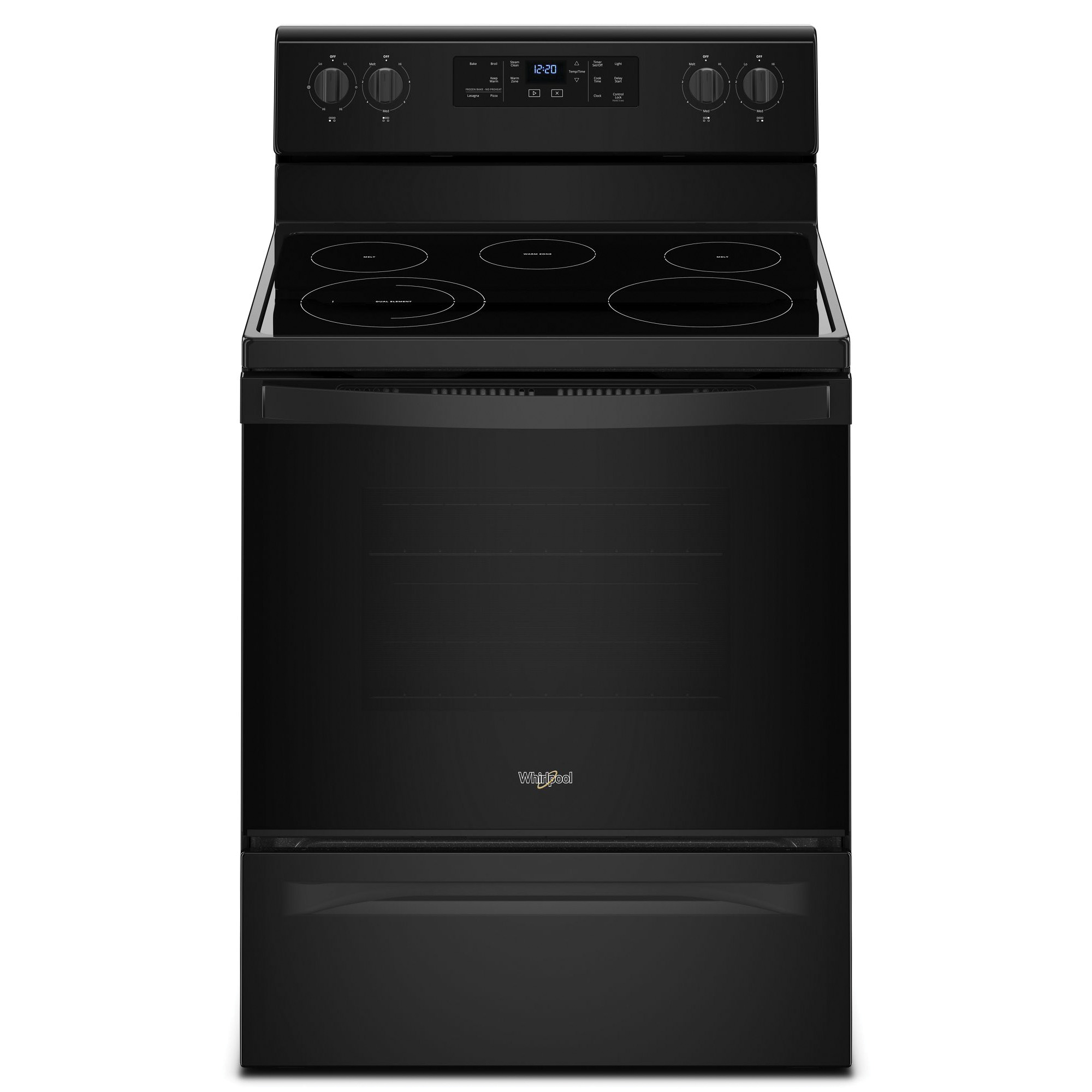 Whirlpool WFE505W0HB Electric Range, 29-7/8 in OAW, 5.3 cu-ft Oven, 100, 1200, 2500, 3000 W, 5-Burner, Black