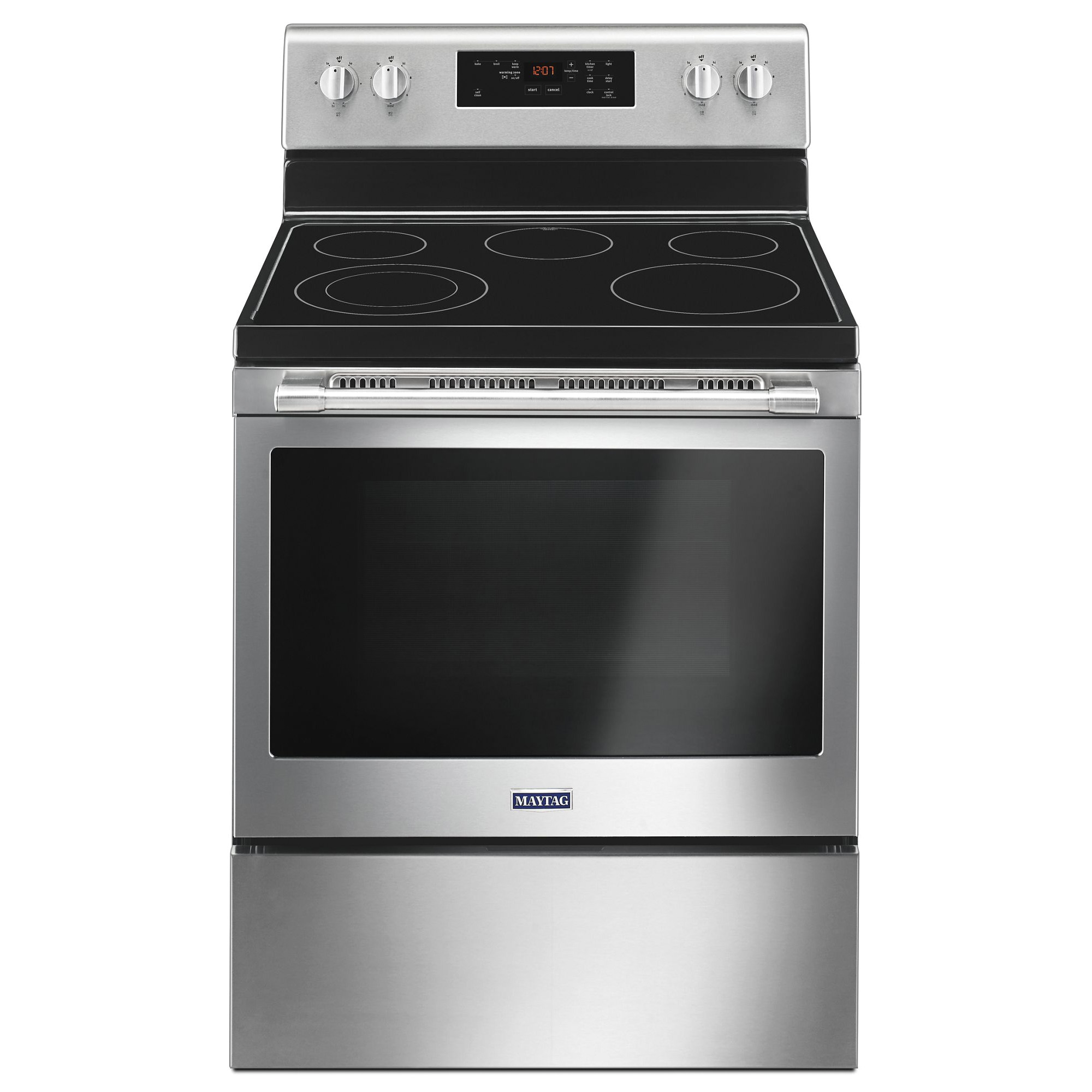 Maytag MER6600FZ Electric Range, 29-7/8 in OAW, 5.3 cu-ft Oven, 100, 1200, 2500, 3000 W, 5-Burner, Glass/Metal
