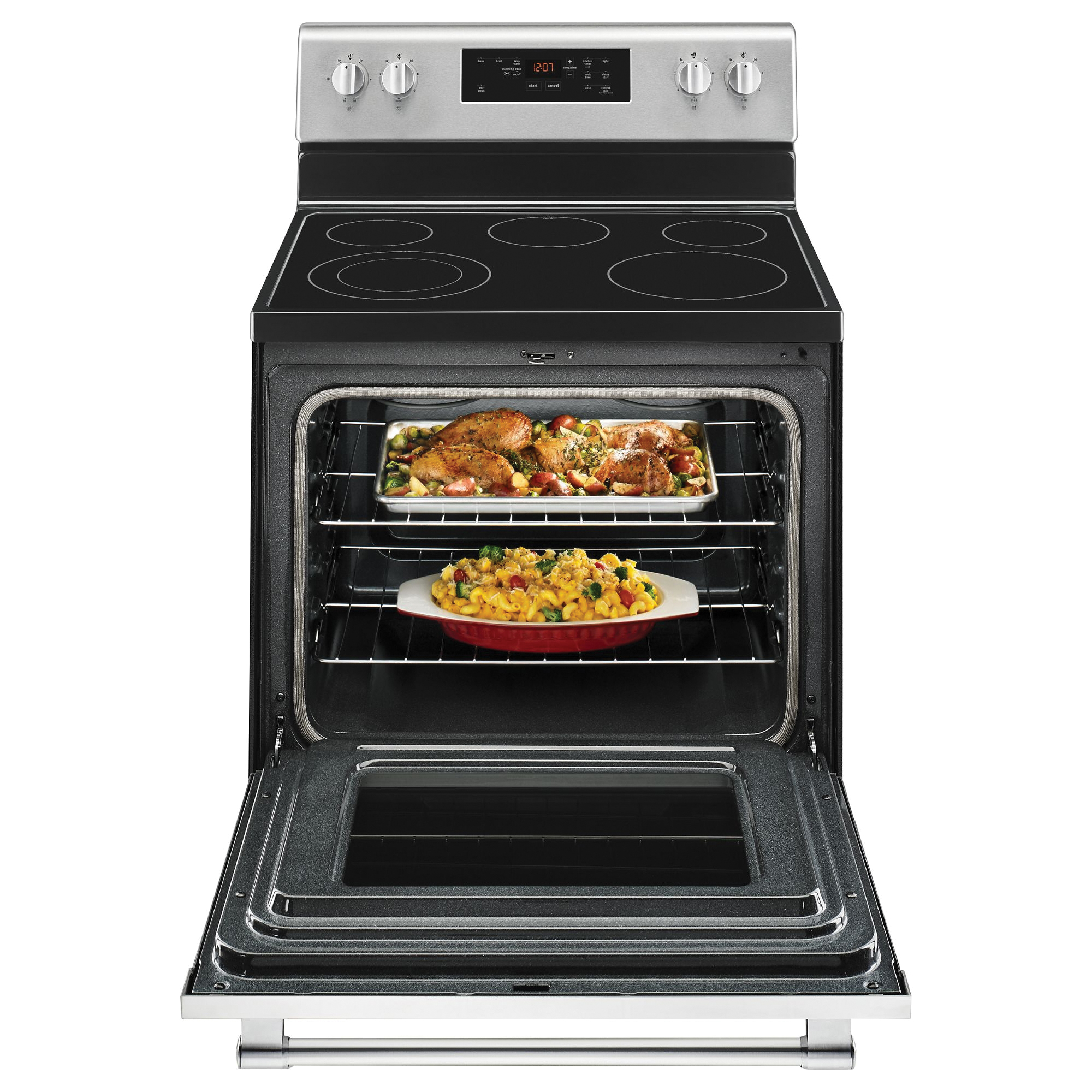 Maytag MER6600FZ Electric Range, 29-7/8 in OAW, 5.3 cu-ft Oven, 100, 1200, 2500, 3000 W, 5-Burner, Glass/Metal