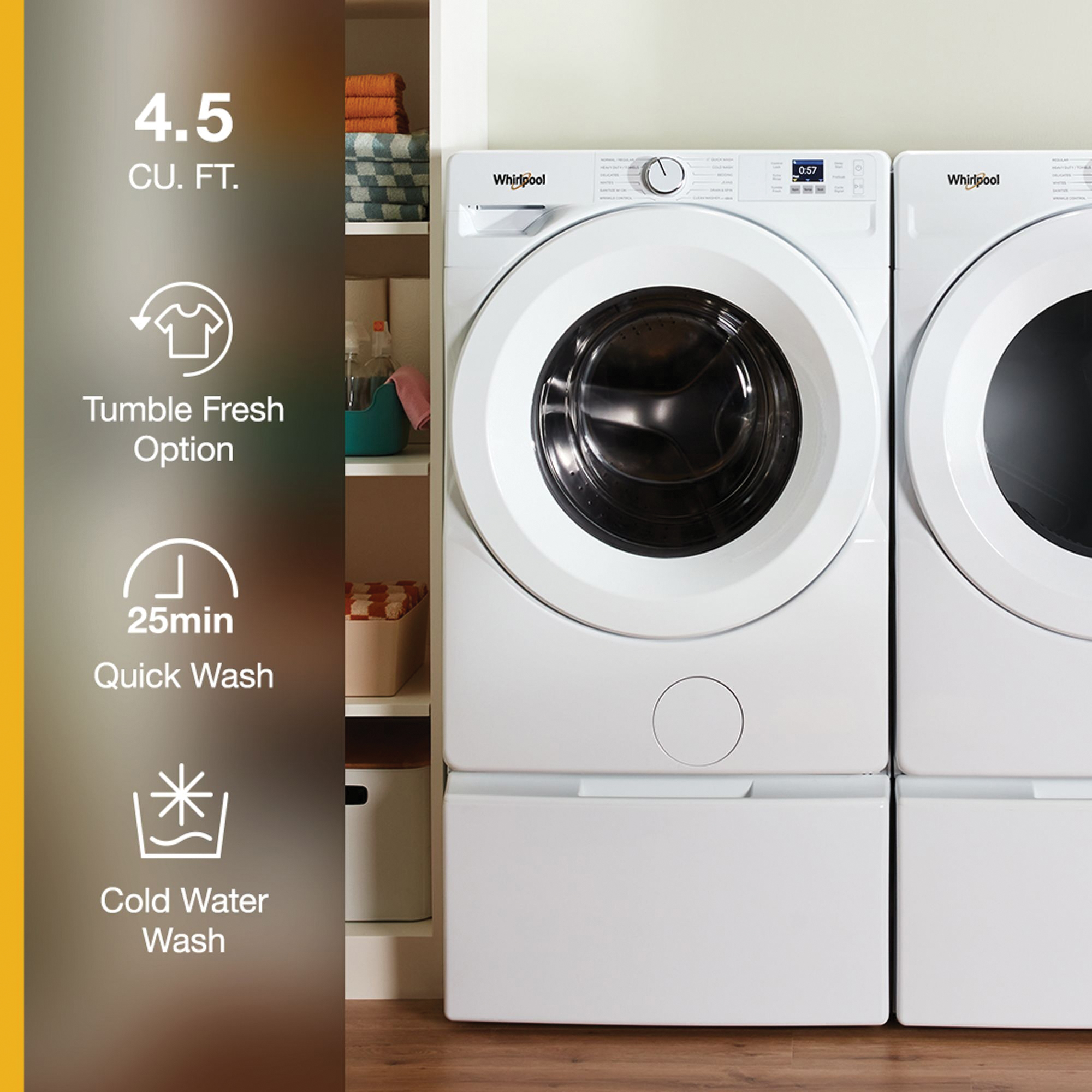 Whirlpool WFW4720RW Front Load Washer, 4.5 cu-ft, 120 VAC, Button, Dial Control, Stainless Steel, White