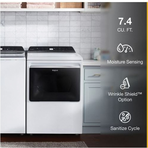 Whirlpool WGD5100HW Gas Dryer, 7.4 cu-ft, Touch Control, Top Loading, Vented Vent, Hamper Door, White, Powder-Coated