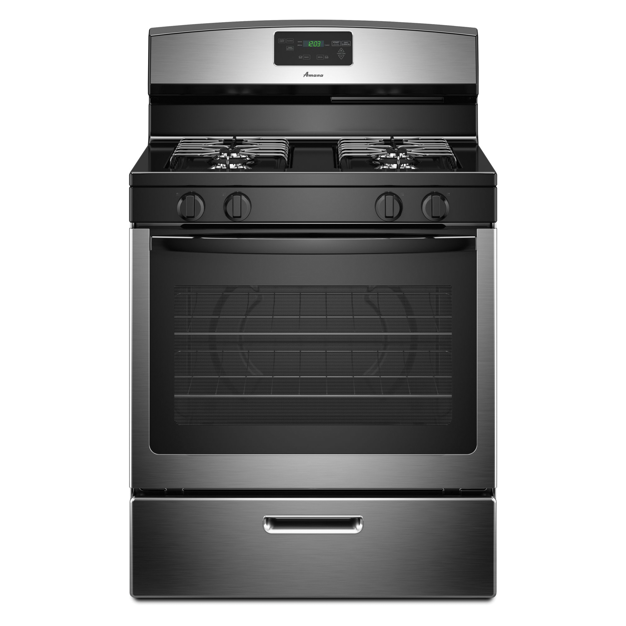 Amana AGR5330BAS Gas Range, Natural Gas, 5.1 cu-ft Oven, 29-22/25 in OAW, 4-Burner, Plastic/Steel, Stainless Steel