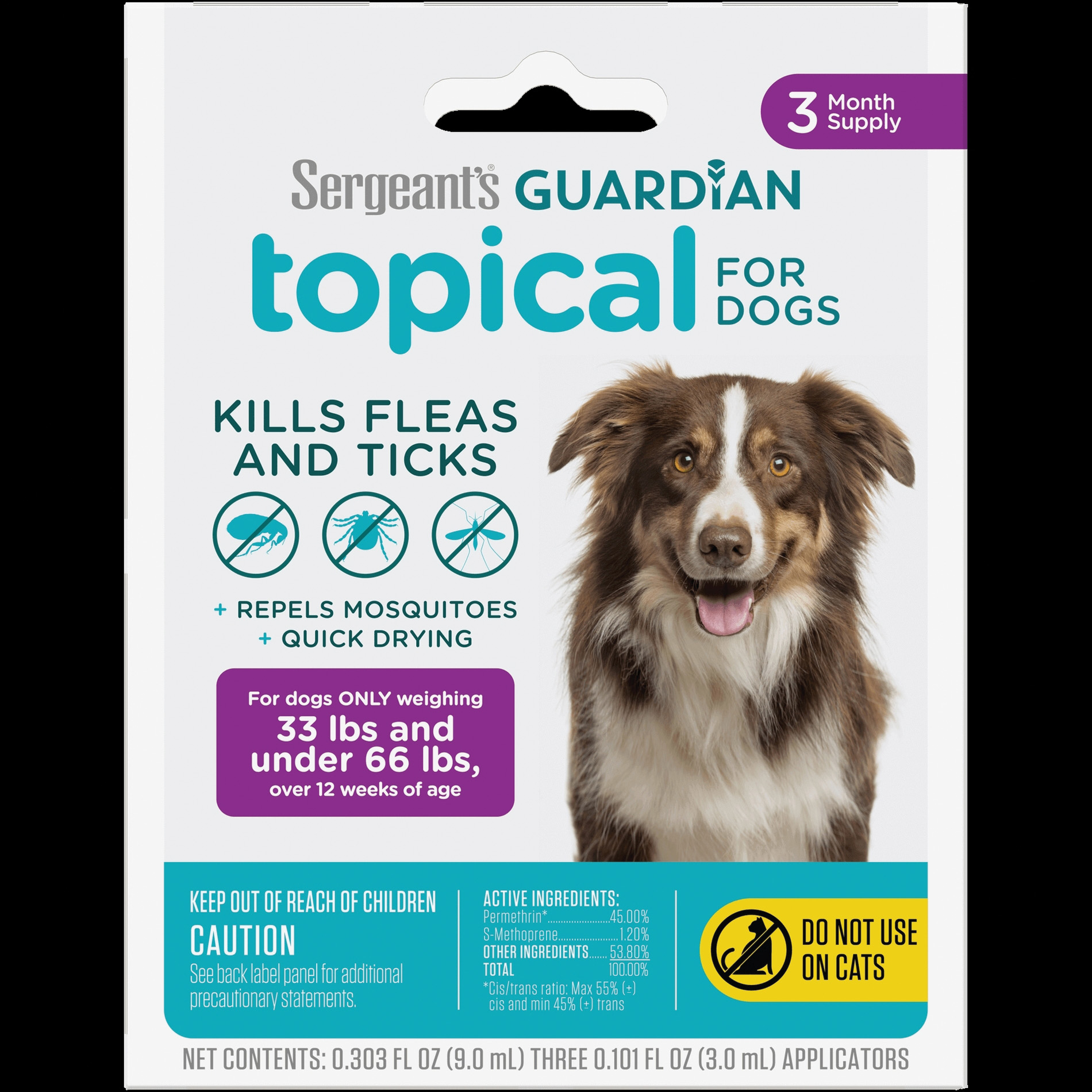 GUARDIAN 60073/106 Flea and Tick Topical Treatment, Liquid, 33 to 66 lb Box