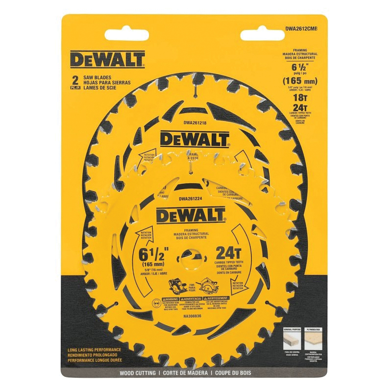 DWA2612CMB Circular Saw Blade Set, 6-1/2 in Dia, 5/8 in Arbor, 18, 24-Teeth