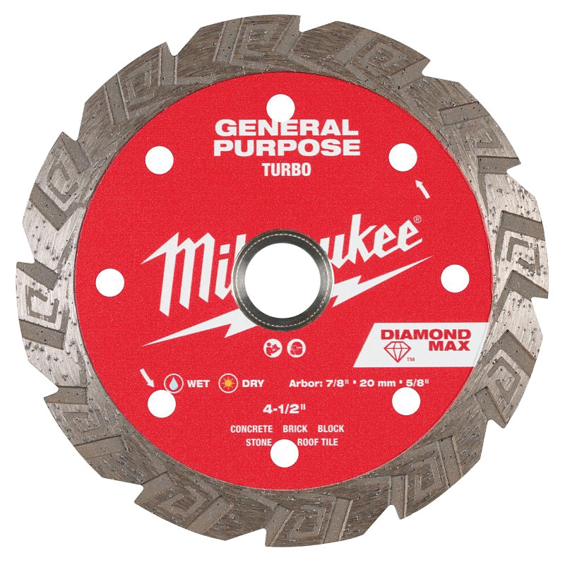DIAMOND MAX 49-93-9104 Turbo General-Purpose Saw Blade, 4-1/2 in Dia, 7/8 in-20 mm-5/8 in Arbor, Turbo Rim
