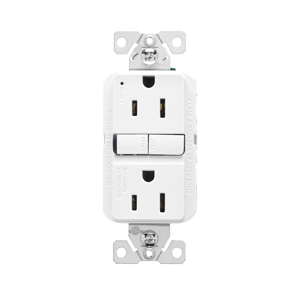 GF15W Receptacle, 125 V, 15 A, NEMA: 5-15R, GFCI Socket, Back, Side Wiring, White