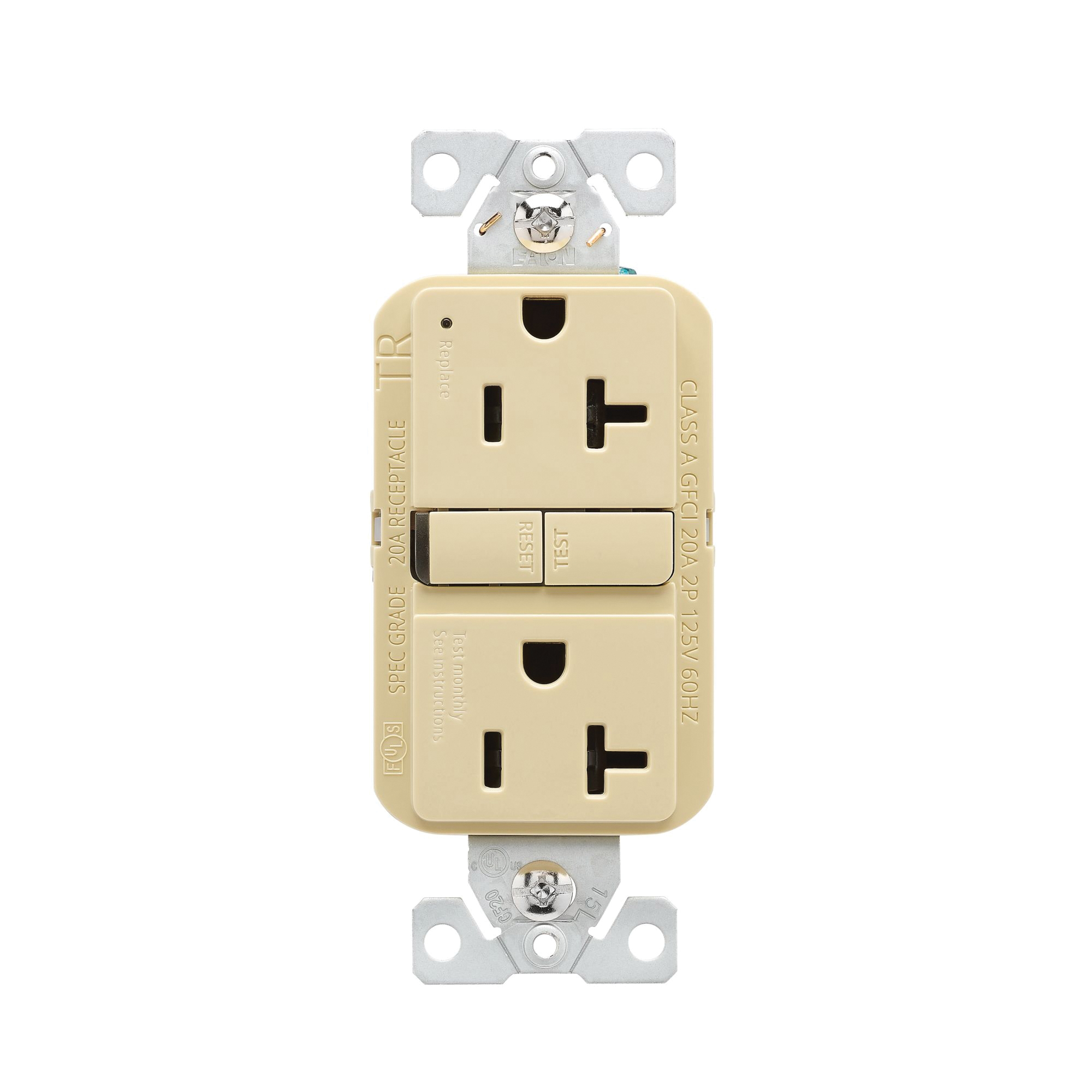 TRGF20V-BX-L Receptacle, 125 V, 20 A, NEMA: 5-20R, GFCI Socket, Back, Side Wiring, Ivory