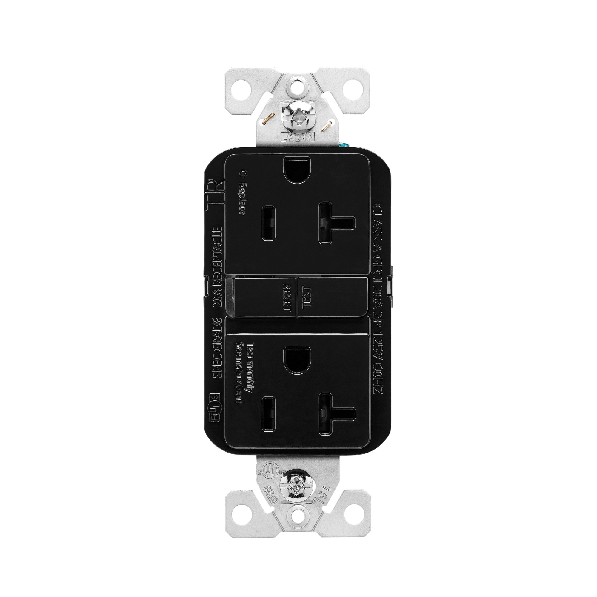 TRGF20BK Receptacle, 125 V, 20 A, NEMA: 5-20R, GFCI Socket, Back, Side Wiring, Black