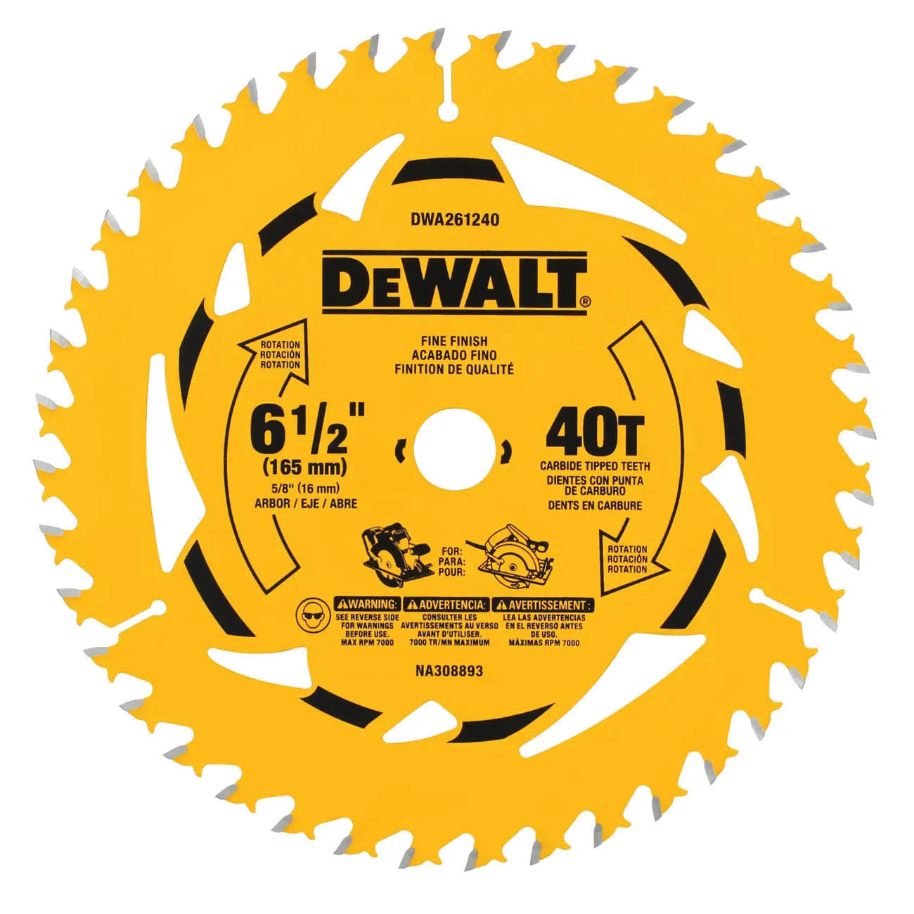DWA261240 Circular Saw Blade, 6-1/2 in Dia, 5/8 in Arbor, 40-Teeth, Tungsten Carbide Cutting Edge