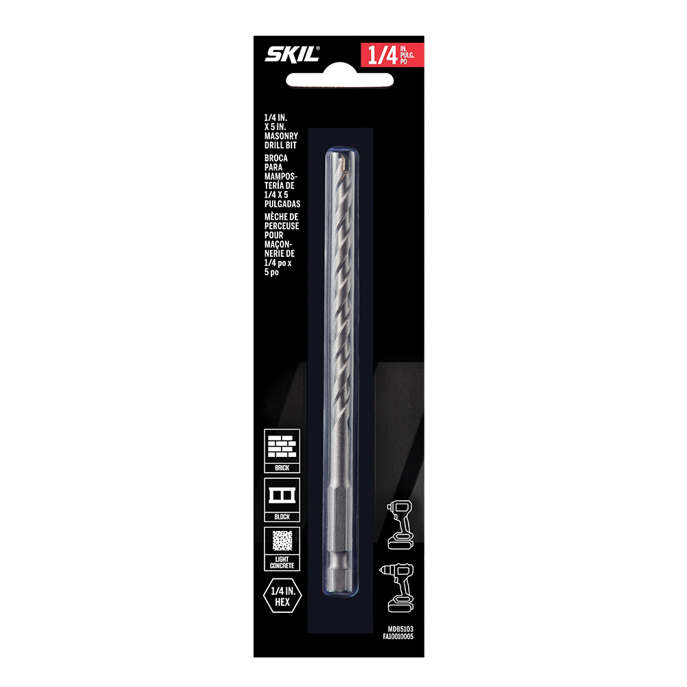 MDB5103 Masonry Drill Bit, 1/4 in Dia, 5 in OAL, Dual Flute, 2-Flute, 1/4 in Dia Shank, Hex Shank