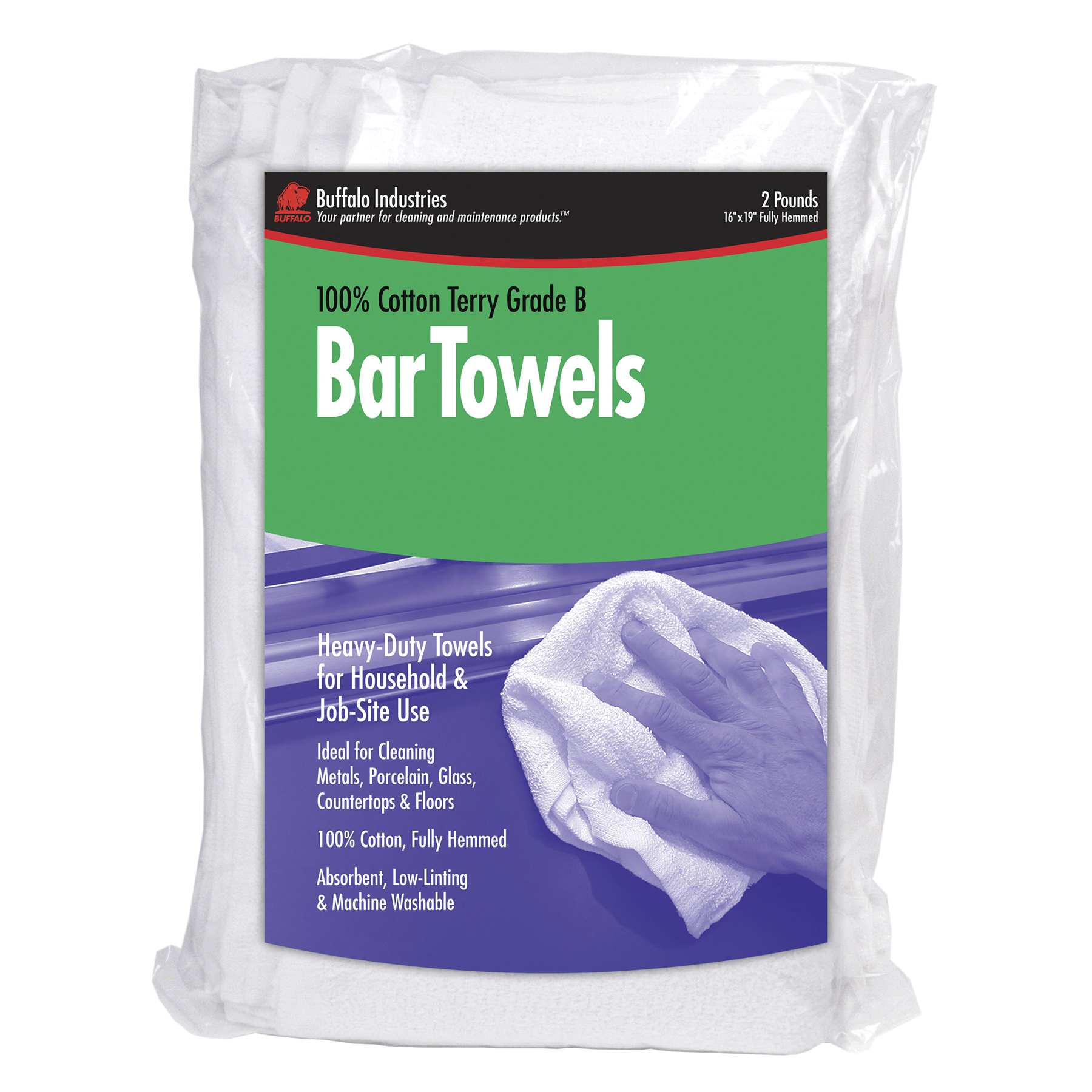 12051 Grade-B Bar Towel, 19 in L, 16 in W, Cotton, White