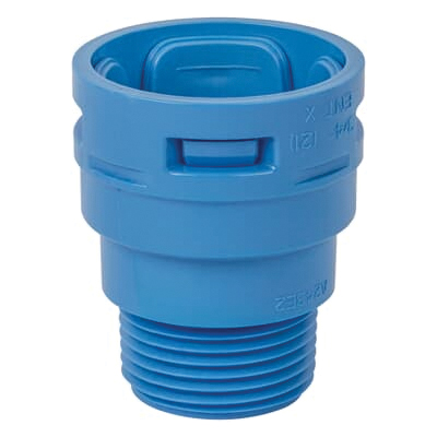 A243E2-10R ENT Adapter, 3/4 in MPT x NPT, 1.48 in Dia, 1.79 in L, Polycarbonate, Blue