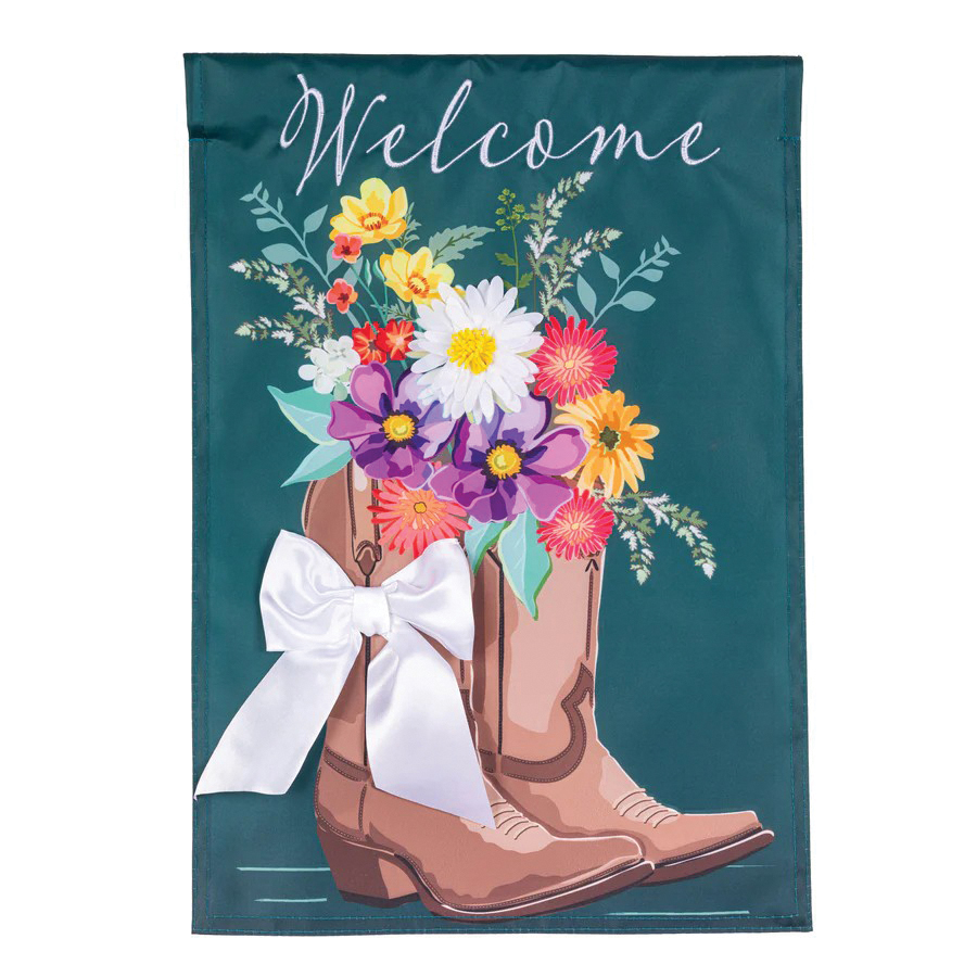 APQ0TFAGF325 Garden Flag, 18 in L, 12 in W, Boots and Bow Floral, Welcome, Nylon