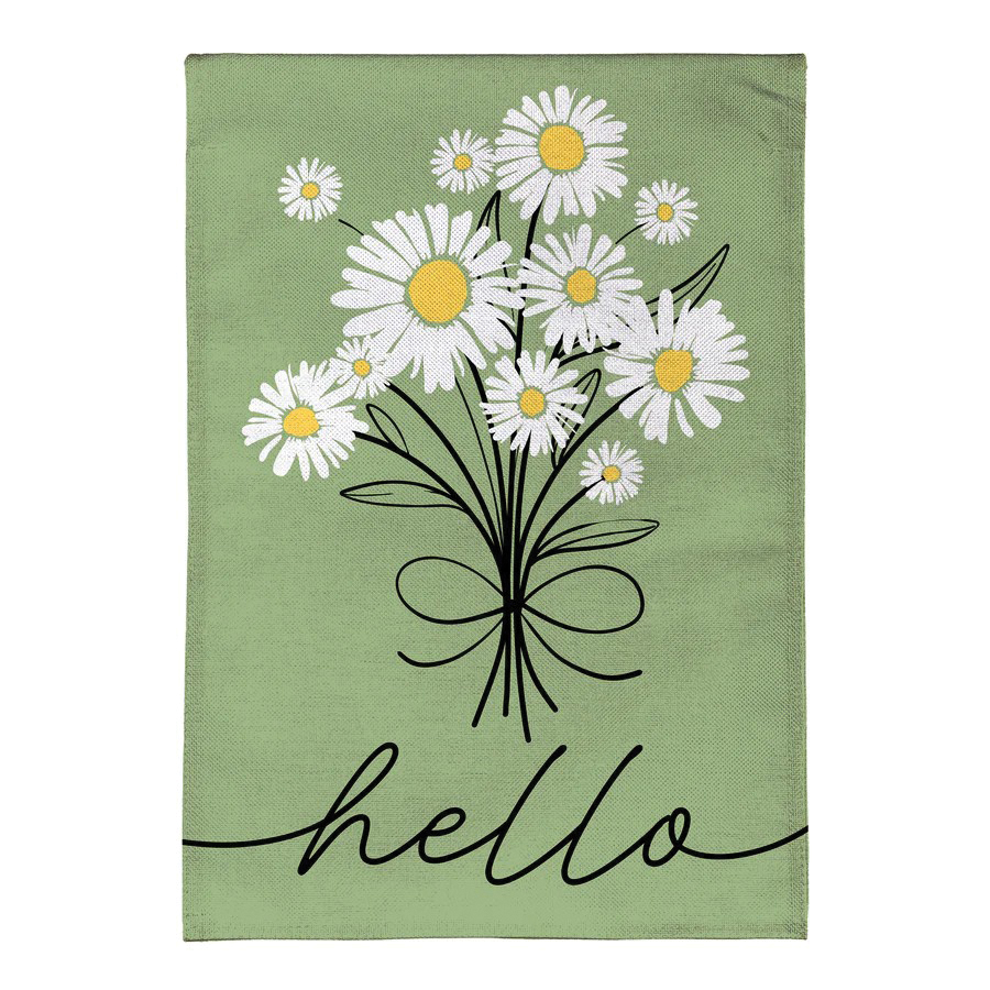 BFFVF3BGF325 Garden Flag, 18 in L, 12-1/2 in W, Dainty Daisies, Hello, Burlap Fabric