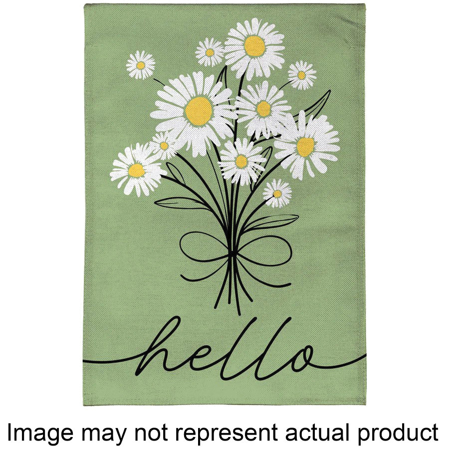 BFFVF3BGF325 Garden Flag, 18 in L, 12-1/2 in W, Dainty Daisies, Hello, Burlap