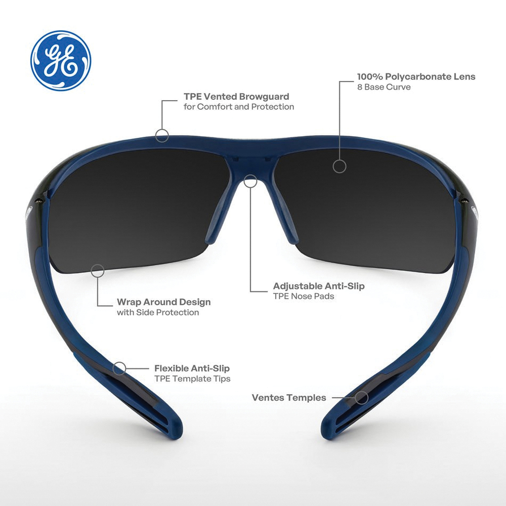 GE 09 Series GE109SAF Safety Glasses, Anti-Fog, Anti-Scratch Lens, Polycarbonate Lens, Half Frame, Black/Indigo Frame - 3