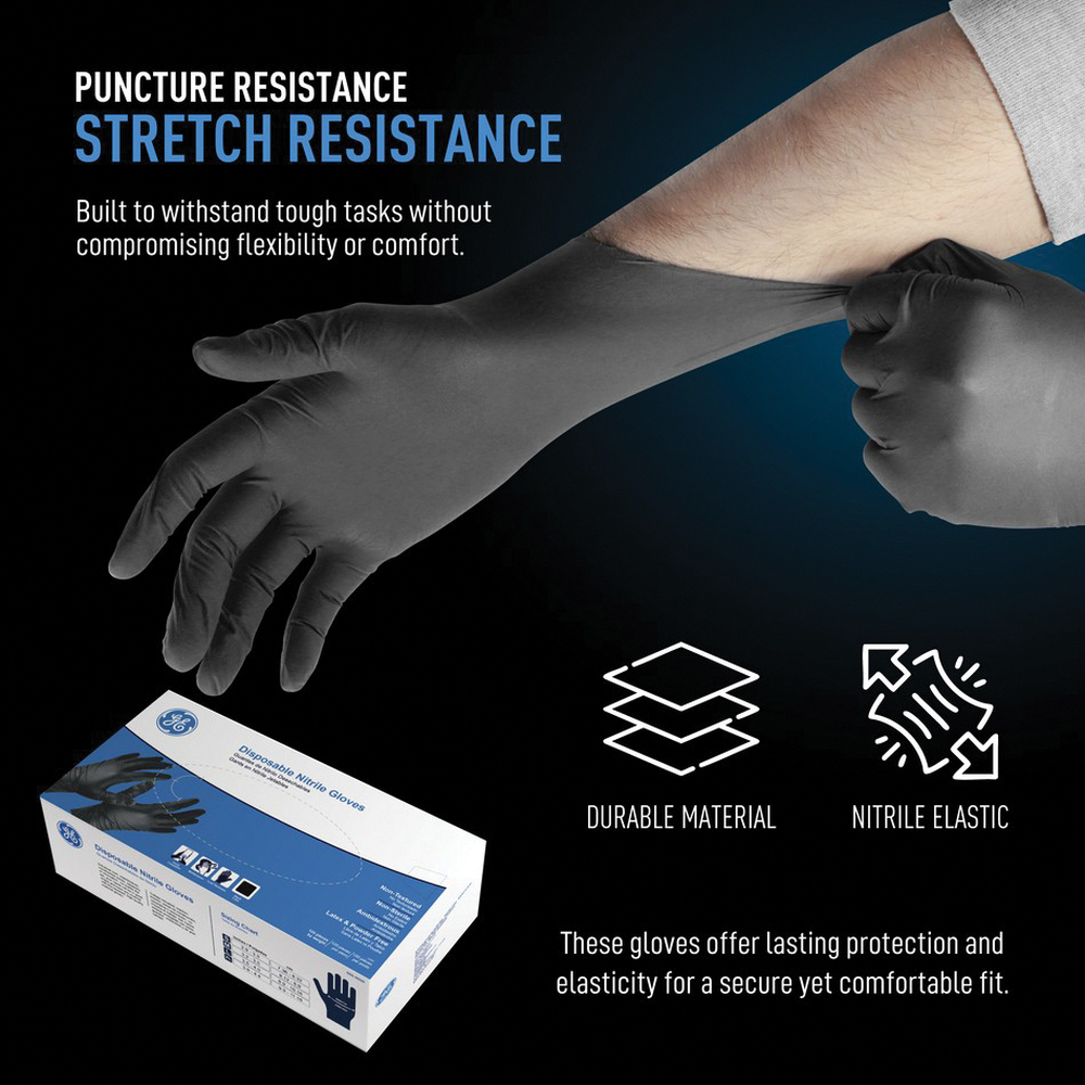 GE General Purpose Series GG601M Gloves, M, Nitrile, Powder-Free, Black, 9 in L - 3