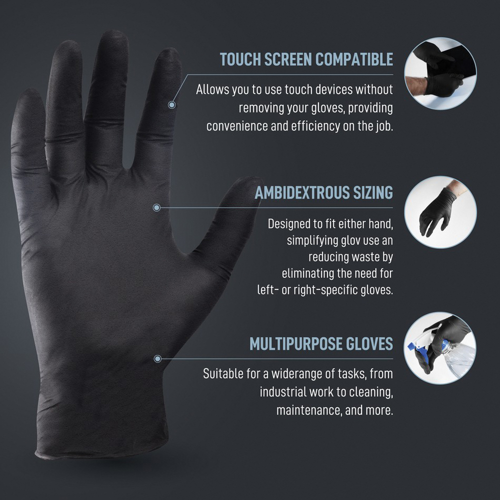 GE General Purpose Series GG601M Gloves, M, Nitrile, Powder-Free, Black, 9 in L - 5
