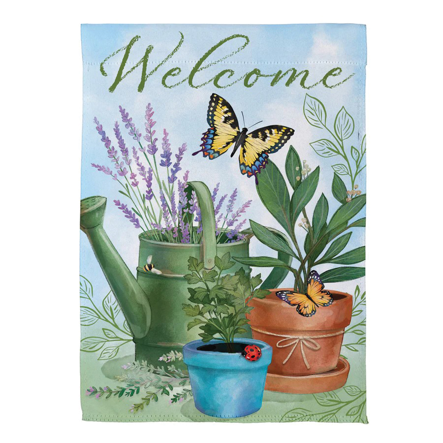 SXPXZNSGF225 Garden Flag, 18 in L, 12-1/2 in W, Pollinator Garden Watering Can and Plants, Welcome