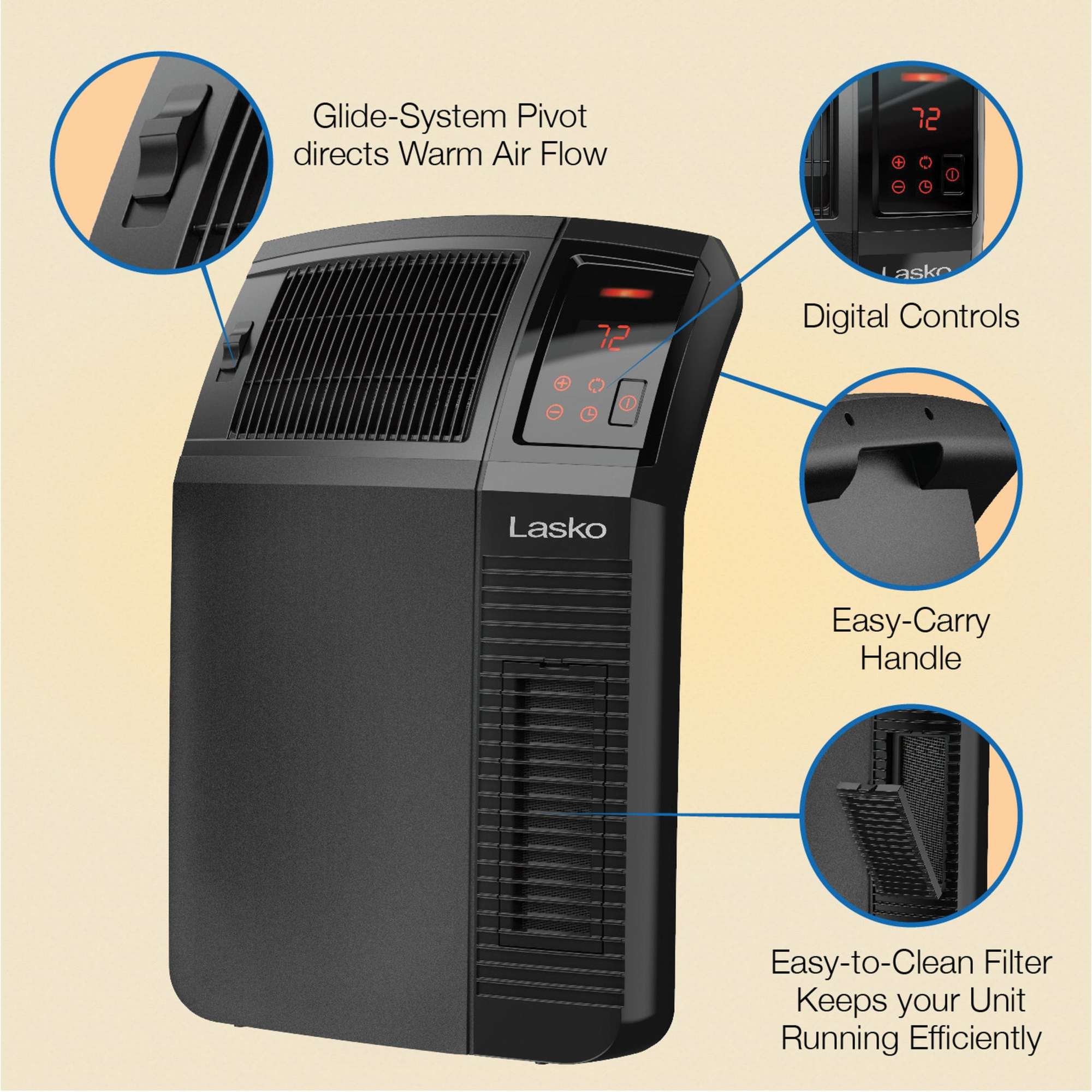 Cyclonic Room Space Heater, Lasko, 6.5 to 12.5 A, 120 V, 1500 W, 200 sq-ft Heating Area, 2-Heat Setting, Black - 2