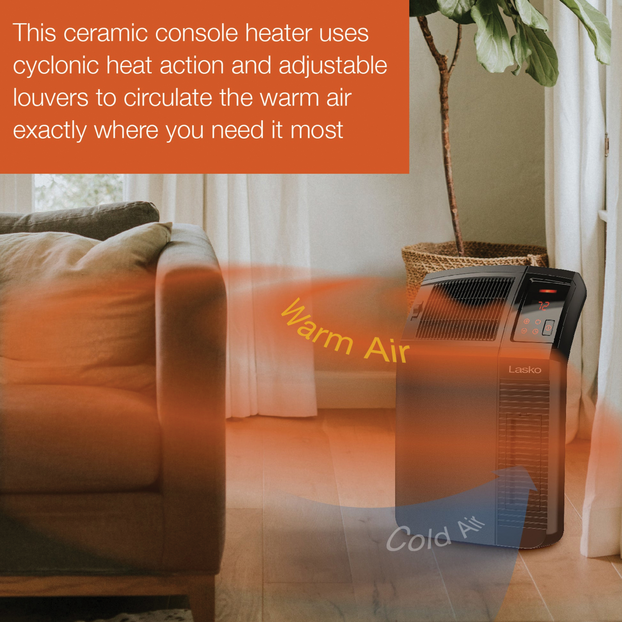 Cyclonic Room Space Heater, Lasko, 6.5 to 12.5 A, 120 V, 1500 W, 200 sq-ft Heating Area, 2-Heat Setting, Black - 5