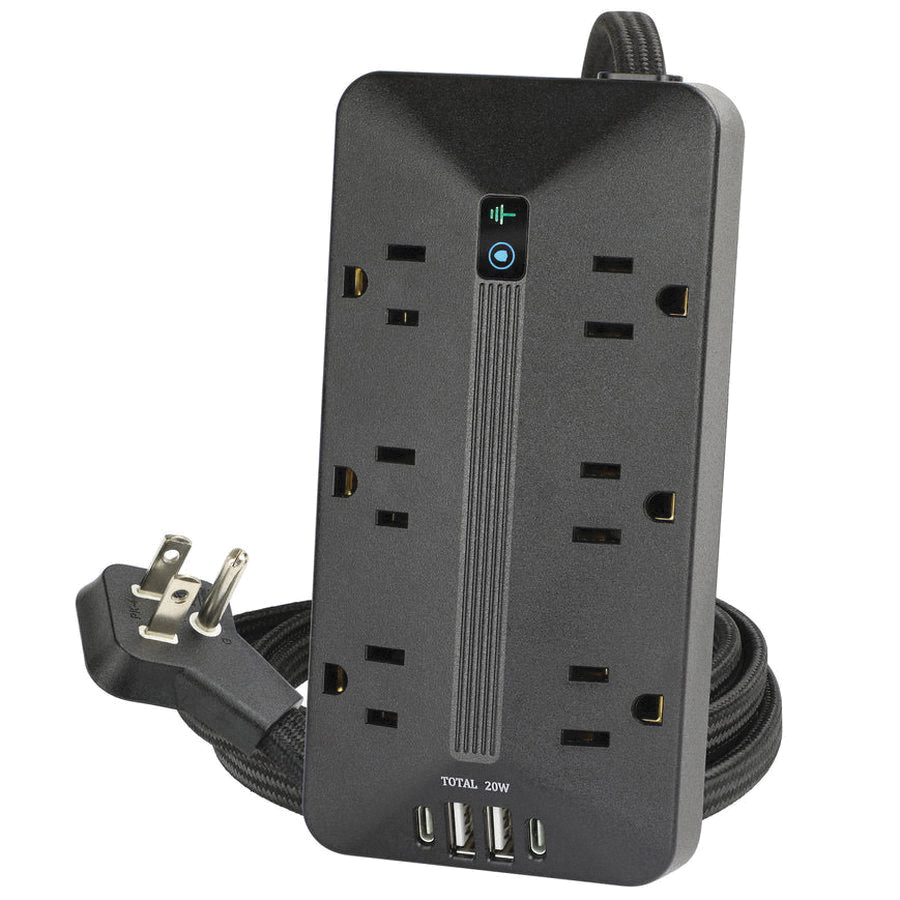 Powerzone PBSUC409 Surge Protector, 14/3 AWG Cable, 6 ft L Cable, Right Angle Plug, 6-Socket, 4-USB Port, 15 A, 125 V - 2