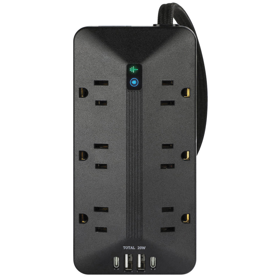 Powerzone PBSUC409 Surge Protector, 14/3 AWG Cable, 6 ft L Cable, Right Angle Plug, 6-Socket, 4-USB Port, 15 A, 125 V - 3