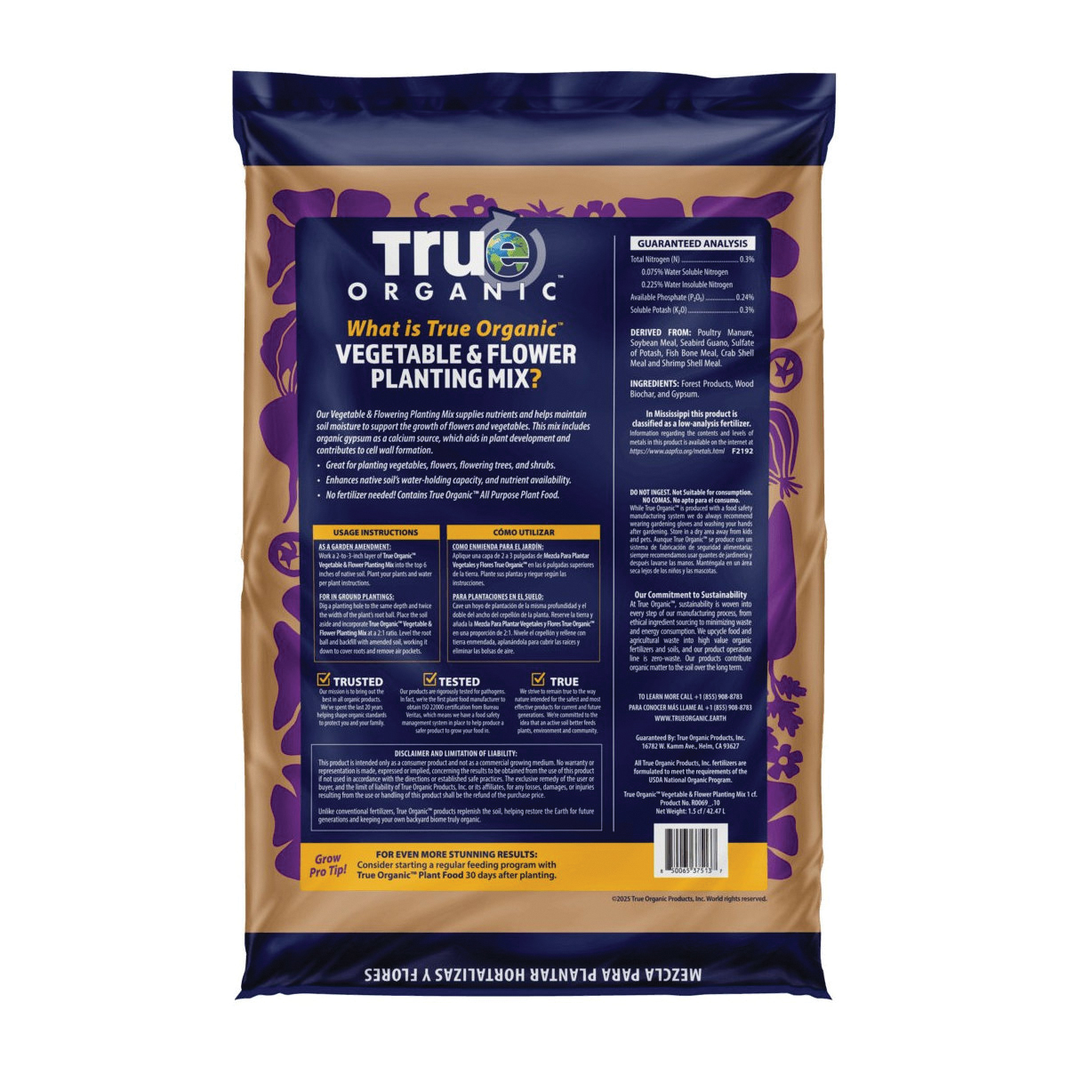 True ORGANIC R0069 Vegetable and Flower Planting Mix, 1.5 cu-ft - 2