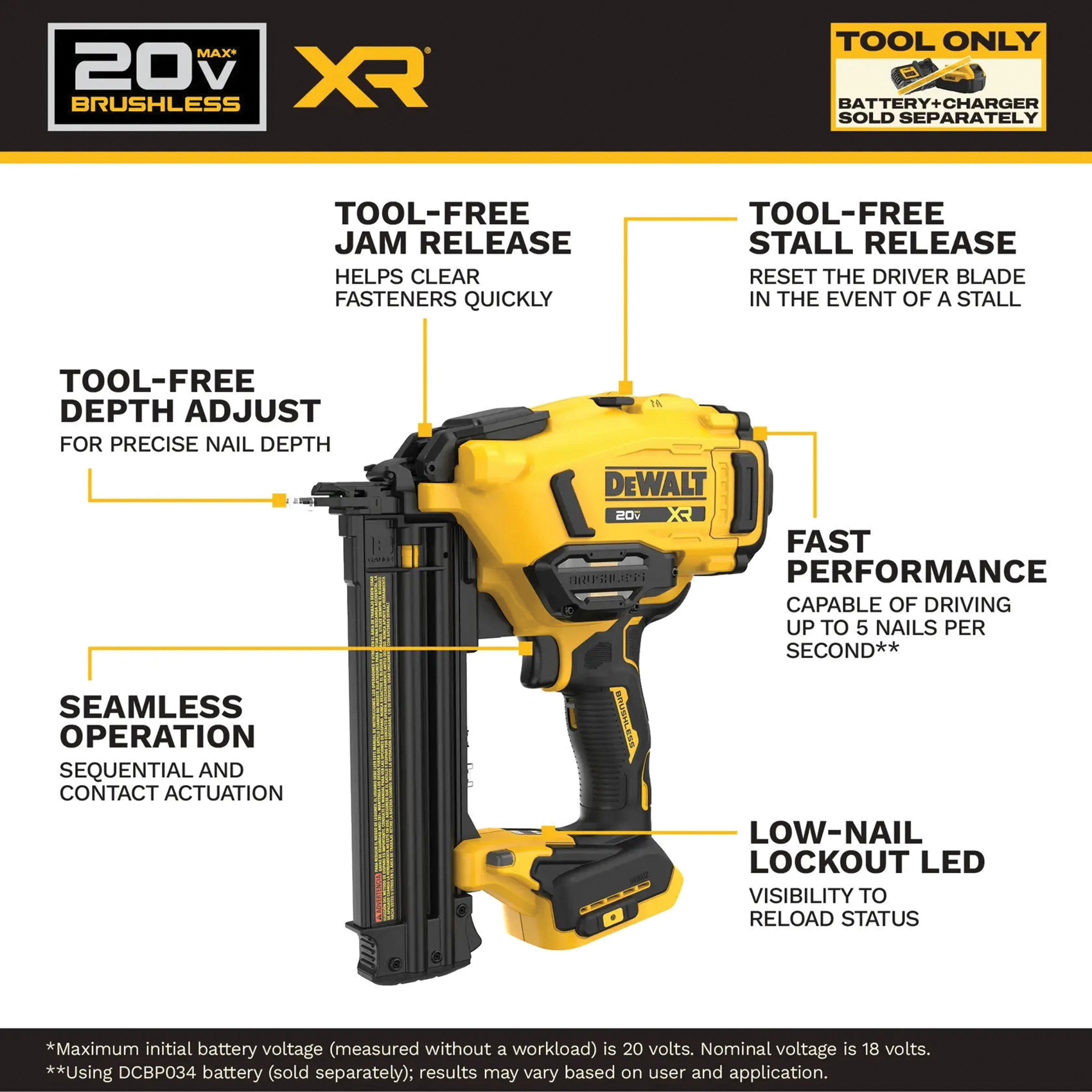 Cordless Brad Nailer, Dewalt, 20V XR, 18 ga, Tool Only - 4