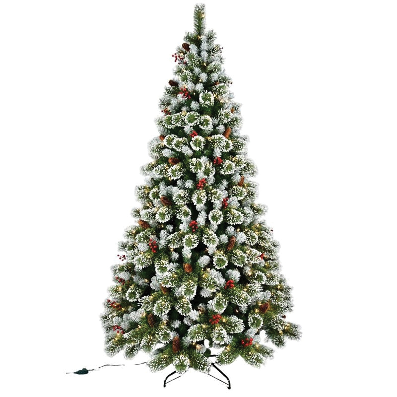 39115 Frosted Colorado Spruce Tree, 7-1/2 ft H, w/Berries & Pinecones, Silver Glitter