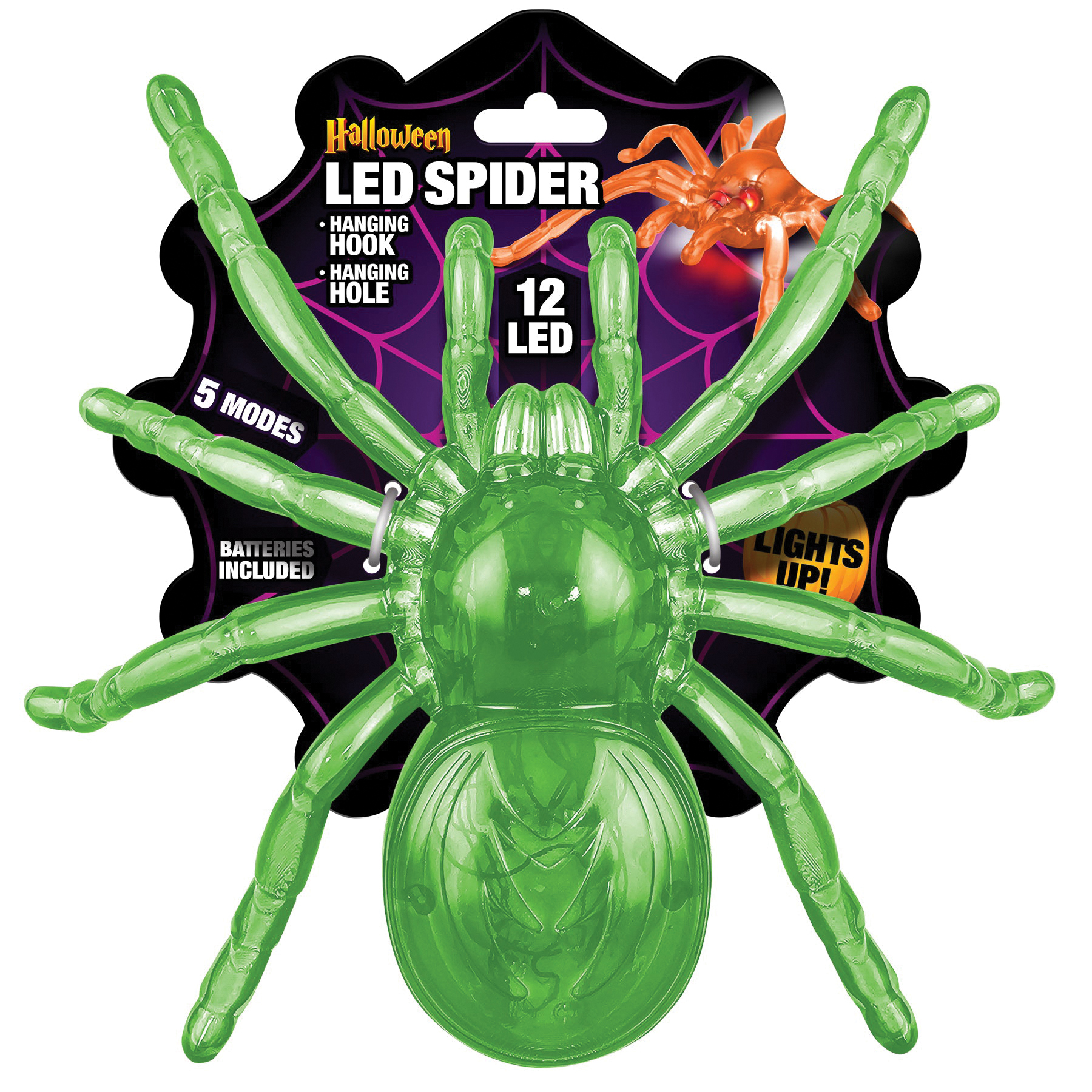 LED Spider, Halloween, Green/Orange, 8 in L - 5