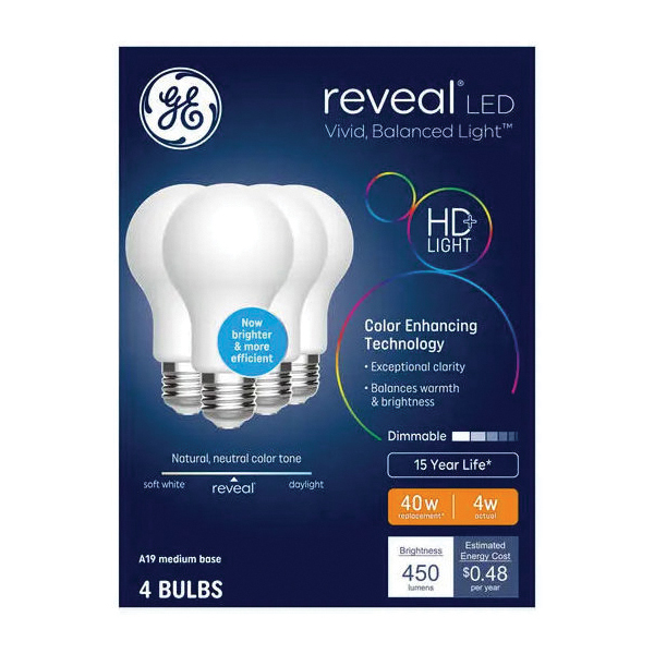 Reveal HD+ Series 93131970 General-Purpose Bulb, A19 Lamp, 40 W Equivalent, Medium Lamp Base, Yes, Frosted