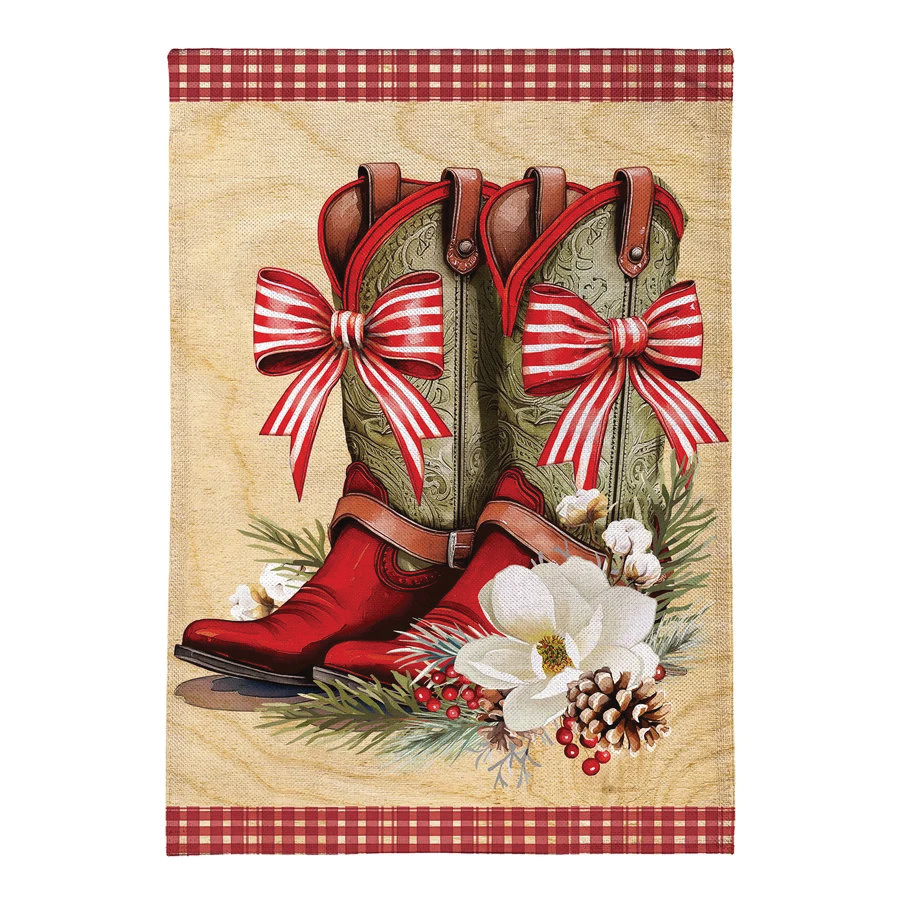 BFJGBGF26 Garden Flag, 44 in L, 28 in W, Howdy Holidays Bow Boots, Polyester