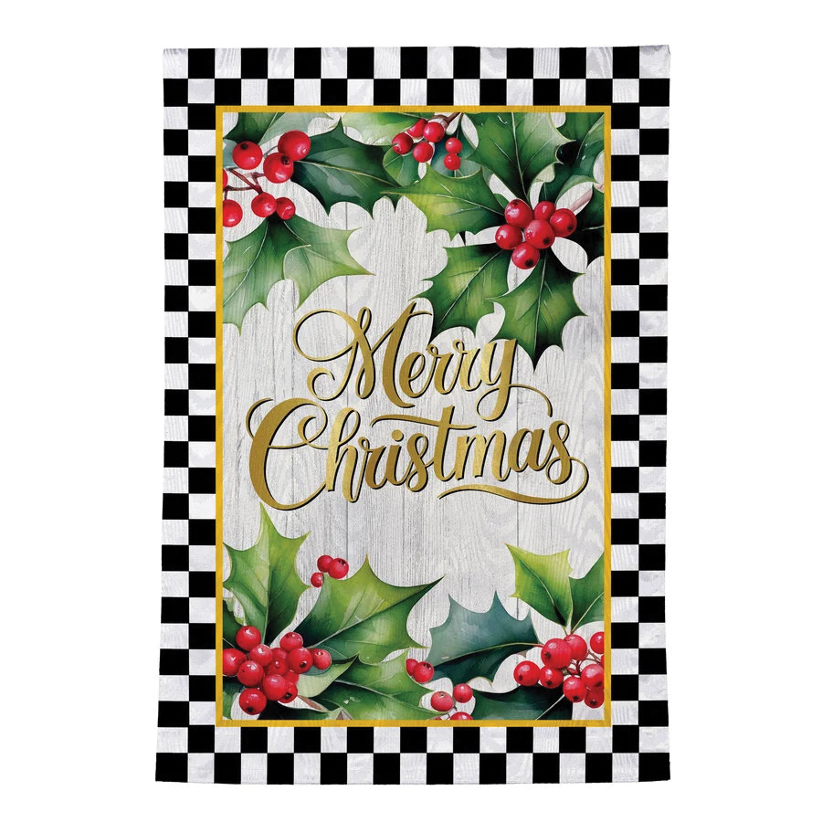 MFNYSGF26 Garden Flag, 18 in L, 12-1/2 in W, Merry Christmas Holly Moire, Merry Christmas, Fabric