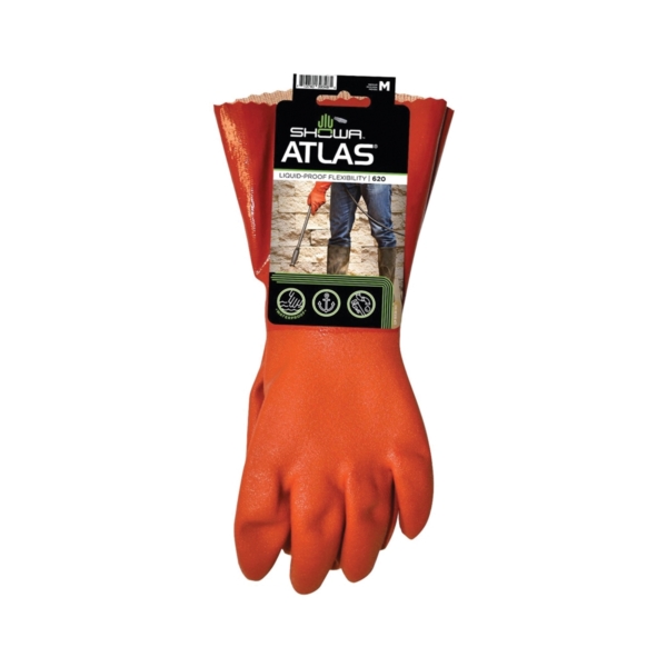620M-08.RT Coated Gloves, M, 12 in L, Gauntlet Cuff, PVC, Orange