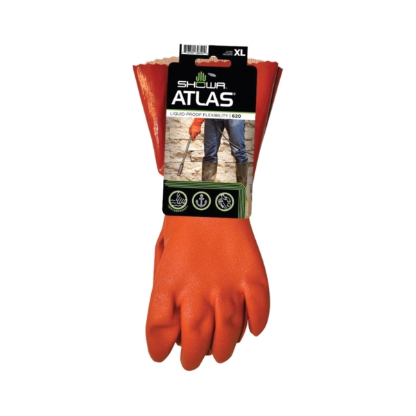 Showa 620XL-10.RT Coated Gloves, XL, 12 in L, Gauntlet Cuff, PVC, Orange