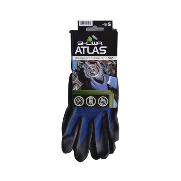 380S-06.RT Coated Gloves, S, 8-21/32 to 10-15/64 in L, Elastic Cuff, Nitrile Foam Coating, Black/Blue