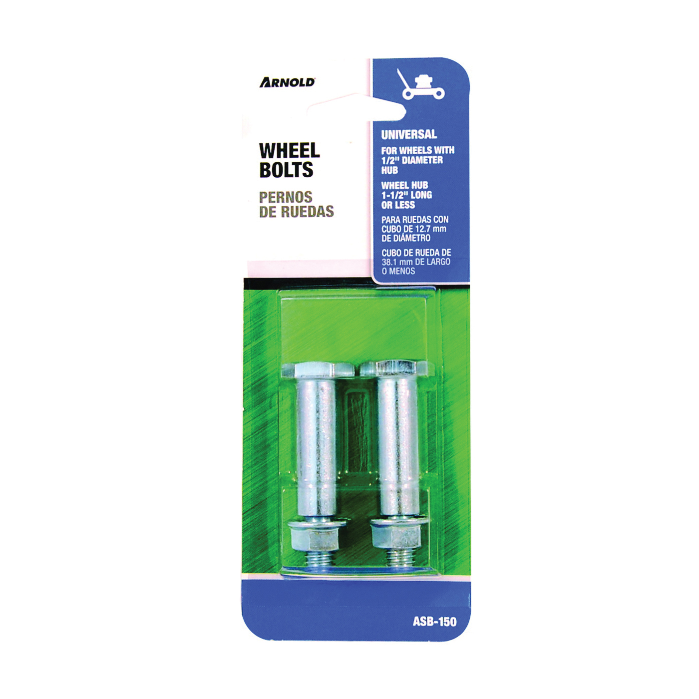 ASB-150 Wheel Bolt, Universal, Steel, For: Wheels with 1/2 in Dia Bore and Hub Width of 1 1/2 in or Less
