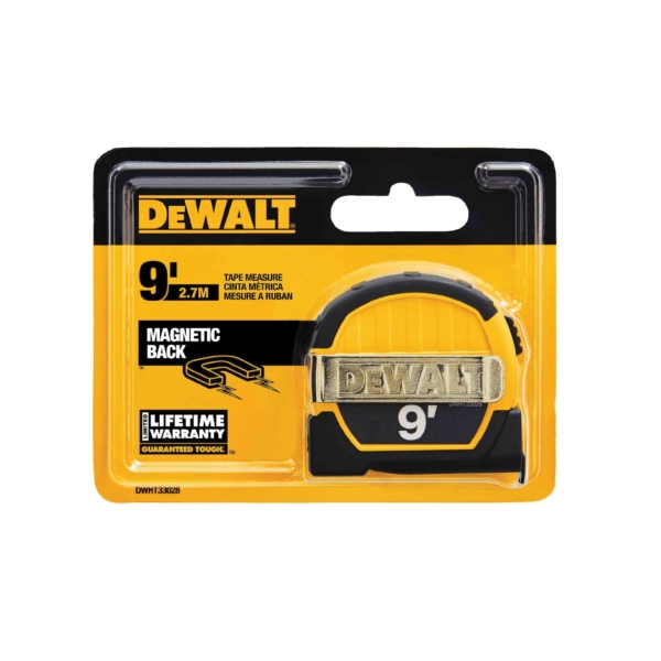 DWHT33028 Magnetic Pocket Tape Measure, 9 ft L Blade, 1/2 in W Blade, Steel Blade, ABS Case, Black/Yellow Case