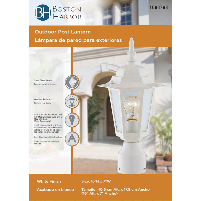 Boston Harbor AL8044-WH Post Lantern, 120 V, 60 W, A19 or CFL Lamp - 2