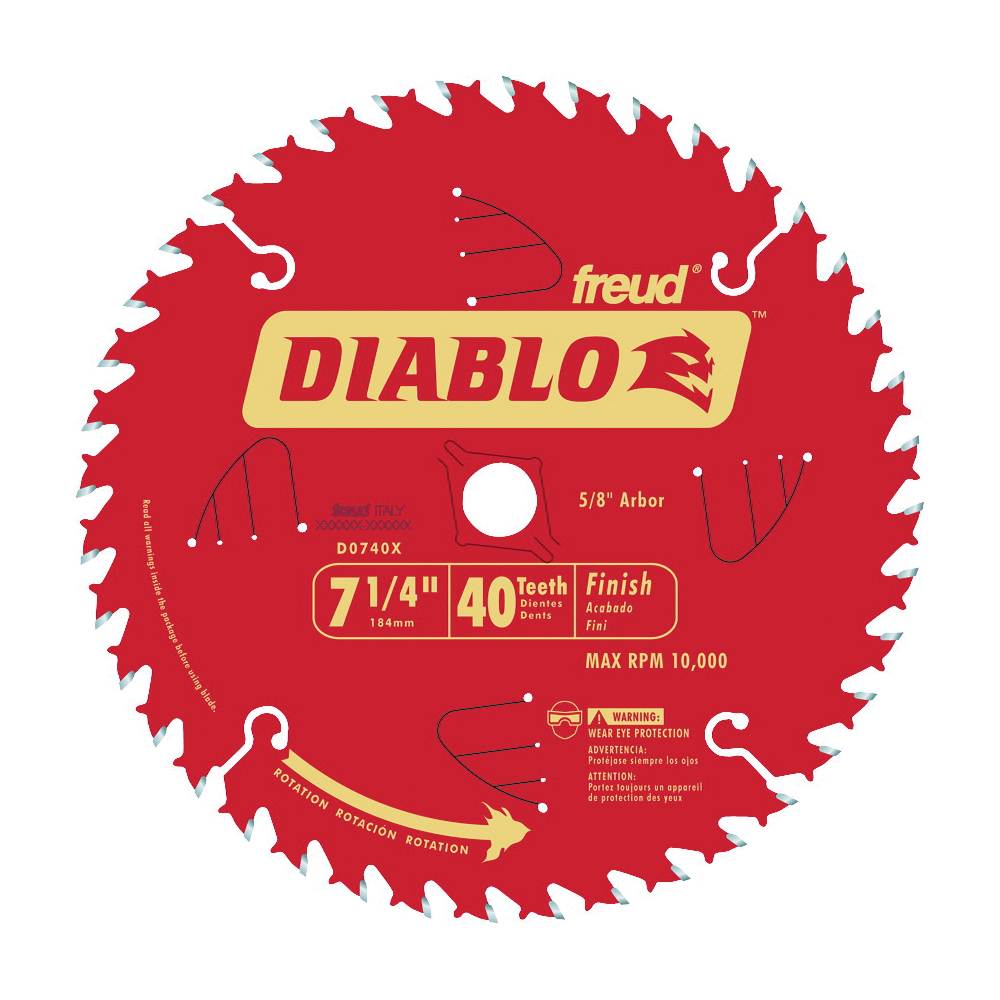D0740X Circular Saw Blade, 7-1/4 in Dia, 5/8 in Arbor, 40-Teeth, Carbide Cutting Edge