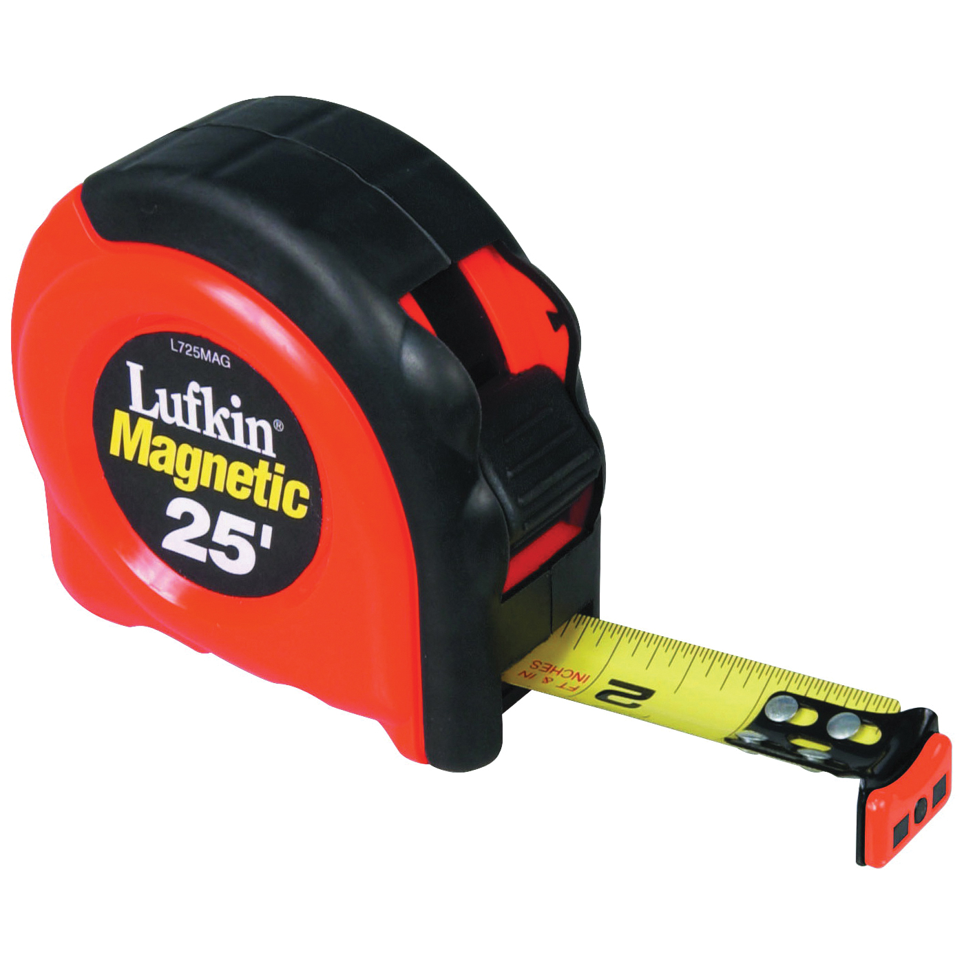 L725MAG Tape Measure, 25 ft L Blade, 1 in W Blade, Steel Blade, ABS/Rubber Case, Orange Case