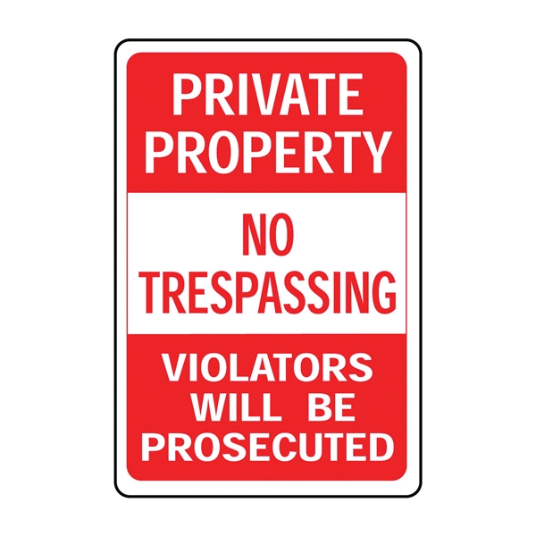 HW-45 Parking Sign, Rectangular, PRIVATE PROPERTY NO TRESPASSING VIOLATORS WILL BE PROSECUTED, Red/White Legend