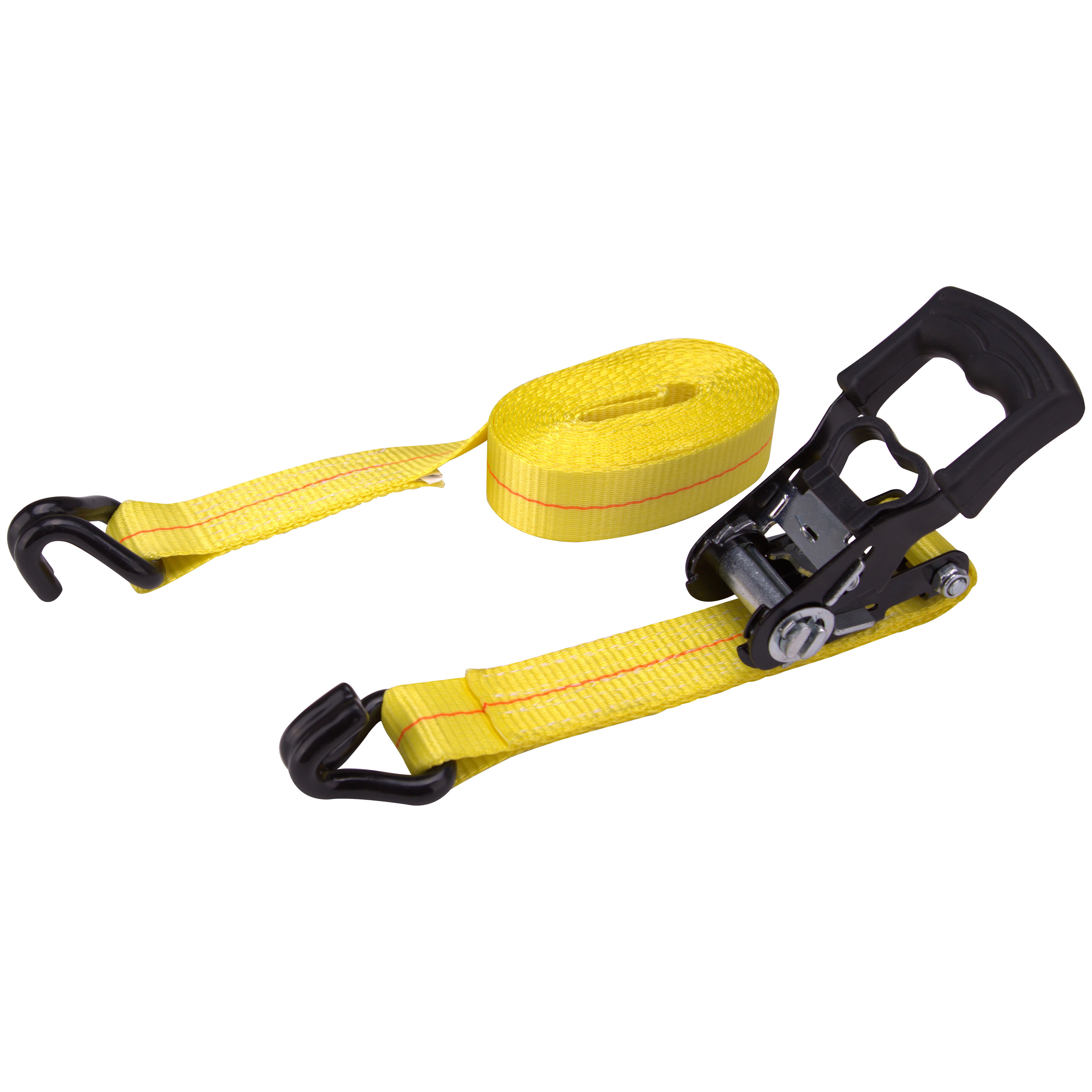 FH64071 Tie-Down, 1-1/2 in W, 15 ft L, Polyester Webbing, Metal Ratchet, Yellow, 1666 lb, Steel End Fitting