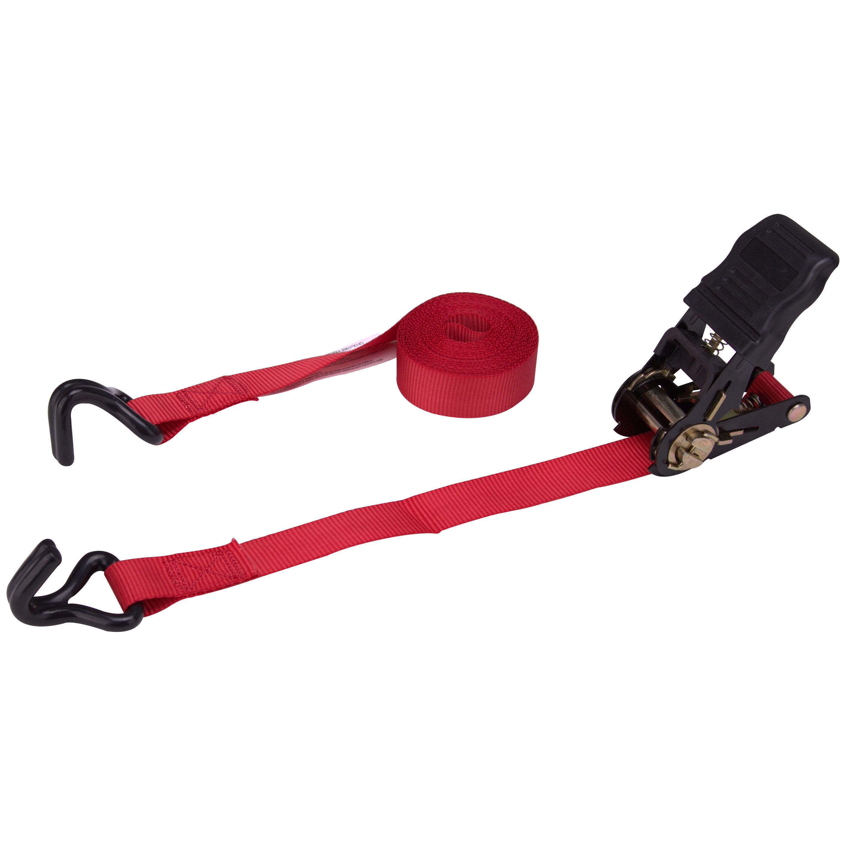 FH64057 Tie-Down, 1 in W, 14 ft L, Polyester Webbing, Metal Ratchet, Red, 500 lb, Double J-hook End Fitting